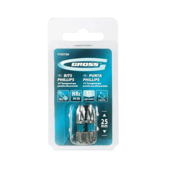 Jogo de Bits PH2 1/4 Pol. 25mm com 2 Peças – Gross