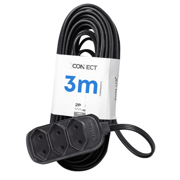 Extensão Connect 10A 3 Tomadas 2P 3M Preto Bipolar – Fiolux
