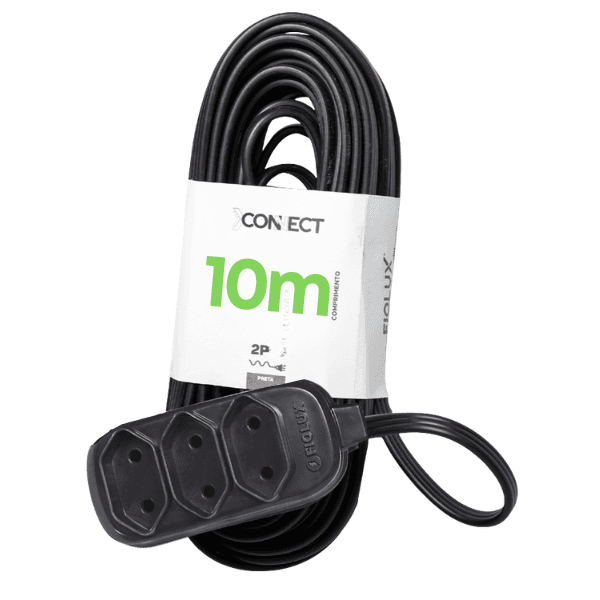 Extensão Connect 10A 3 Tomadas 2P 10M Preto Bipolar – Fiolux