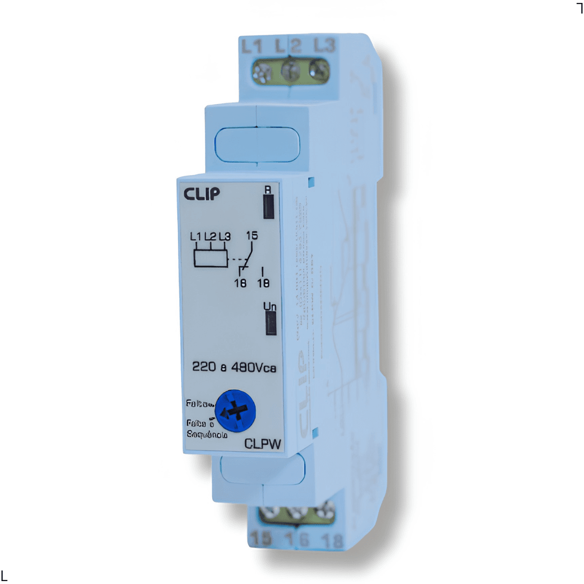 Monitor de Tensão Trifásico Clip CLPW, Falta, Sequência e Assimetria de Fase, 220–480Vca, Sem Retardo
