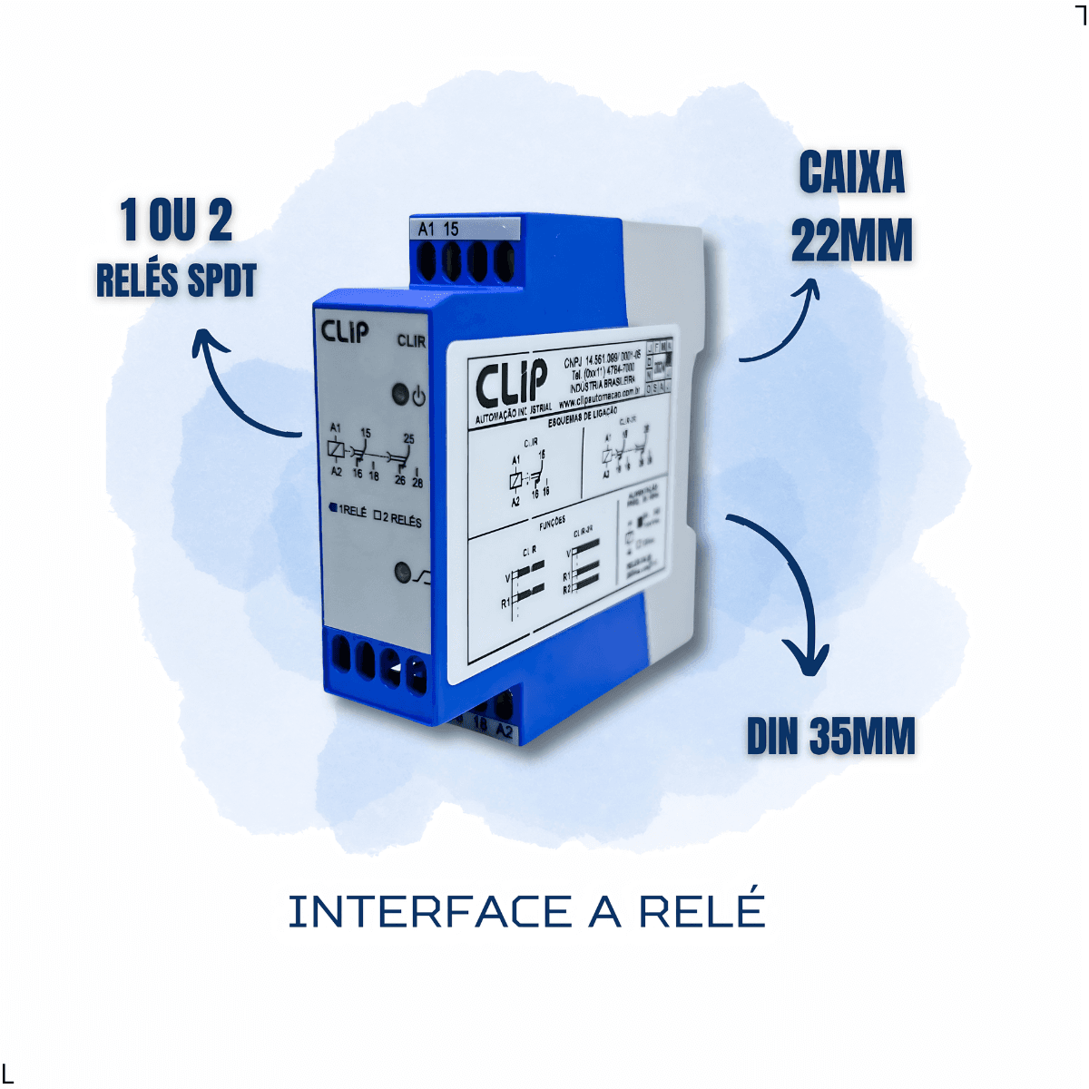 Interface Acopladora a Relé Clip CLIR , 1 Contato Reversível (SPDT), 12Vca/Vcc ou 24–242Vca/Vcc